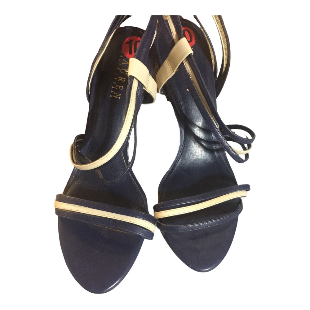 Ralph Lauren Navy‎ Blue sexy open toe elegant skinny strappy heels size 10 new